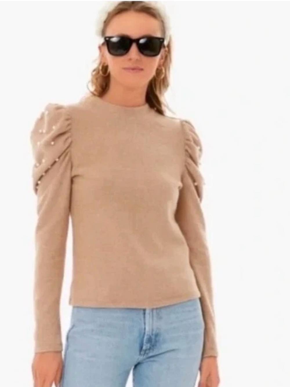 Tuckernuck sweater pearls puff sleeve tan brown Xs pomander place